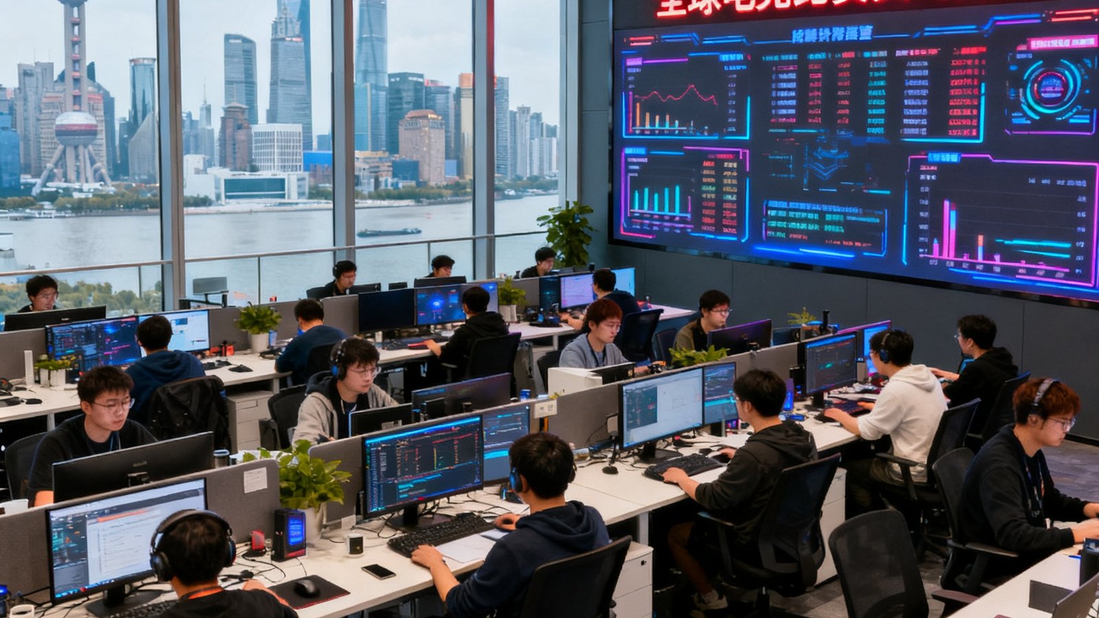 RAYBET雷竞技位于上海张江数字产业园的总部办公室实拍，开放式工位上数十位赛事运营和数据分析人员正在紧张工作，墙面巨型LED屏幕滚动显示全球电竞比赛实时数据，落地窗外是浦东城市天际线
