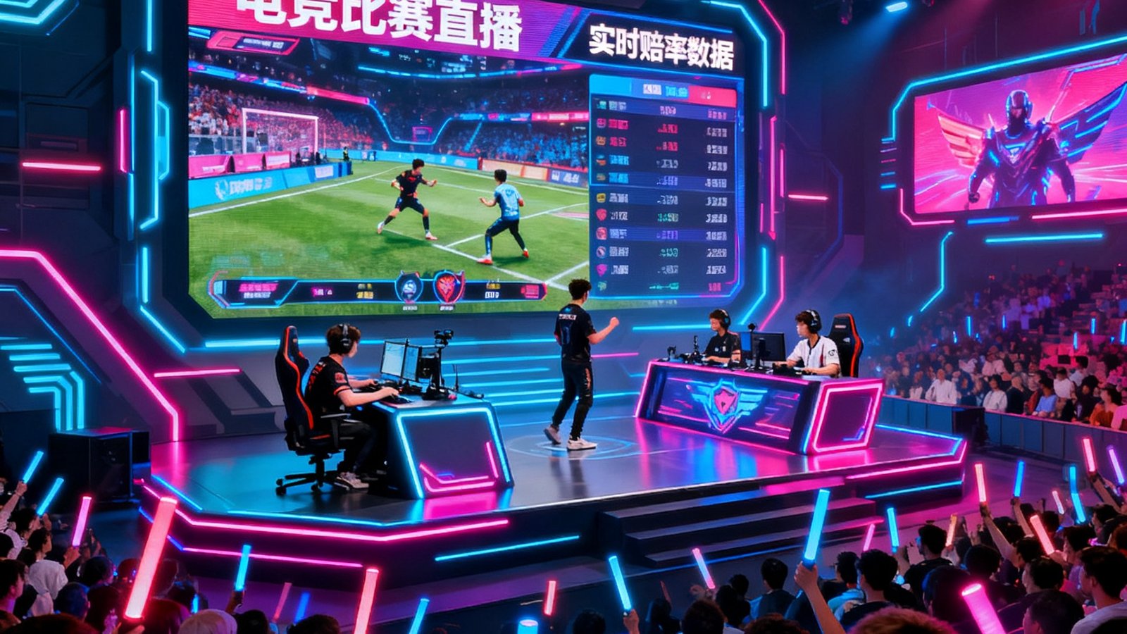 RAYBET雷竞技官方网站首页展示的电竞比赛直播画面，霓虹灯光映照下的职业选手正在激烈对战，大屏幕实时滚动赔率数据，观众席上人潮涌动挥舞应援棒，整体画面充满未来科技感与竞技体育的澎湃激情
