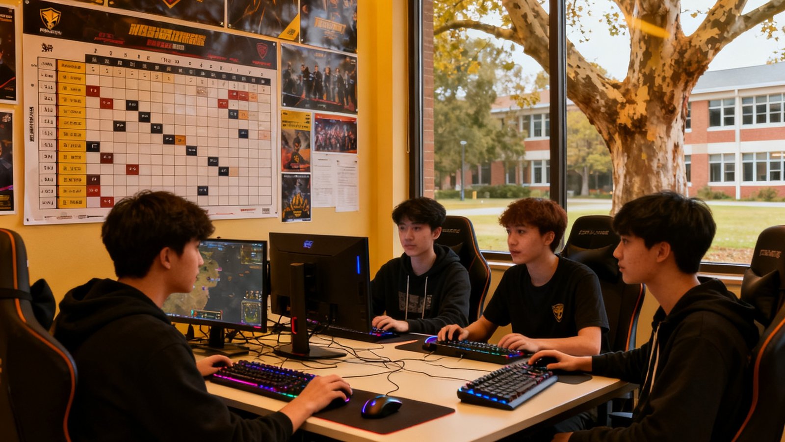 某大学电竞社团活动室内景，墙上贴满战队海报和赛程表，几名大学生正在讨论战术策略，桌上摆放着键盘和鼠标，窗外是校园的梧桐树和教学楼